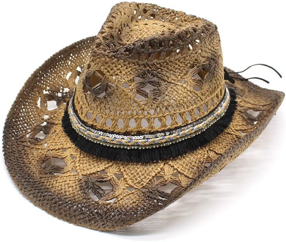 Western Cowboy Hat, Vintage Style Straw, Brown Woven Pattern with Black Band