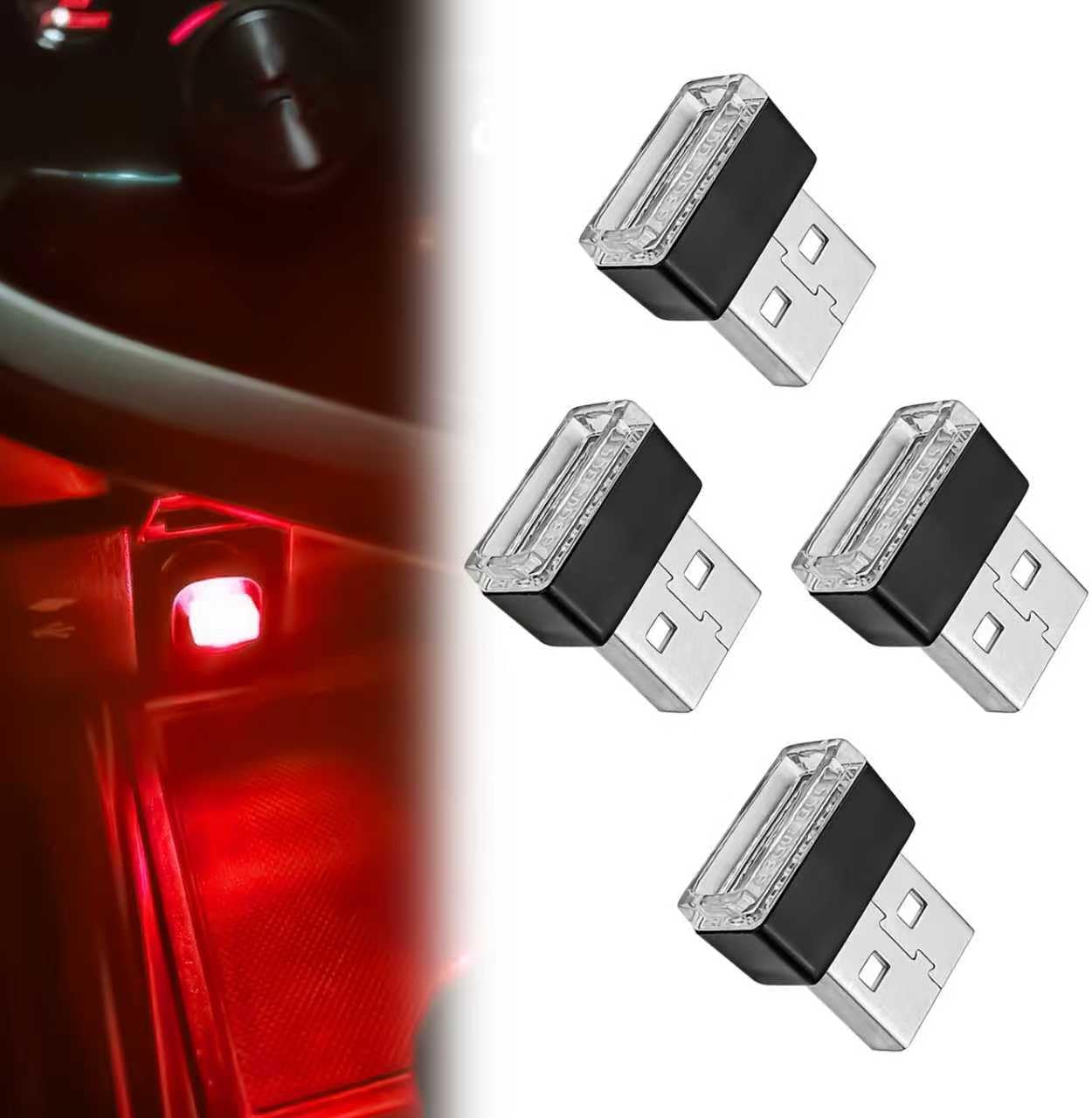 4 PCS USB LED Car Interior Ambient Lighting Kit, Portable Plug-in Atmosphere Lamp Decor Night Light, Universal Vehicle Interior Accessories for Most Cars (Red)