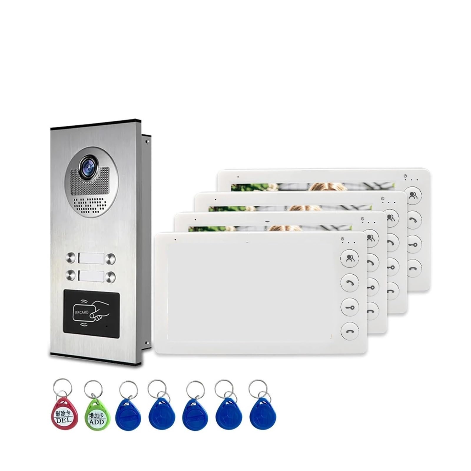 2/3/4-jednostkowy wielomieszkaniowy domofon wideodomofonowy z odblokowaniem kartą RFID 7-calowy 4-przewodowy system Szeroki kąt(4 Unit Intercom Set)