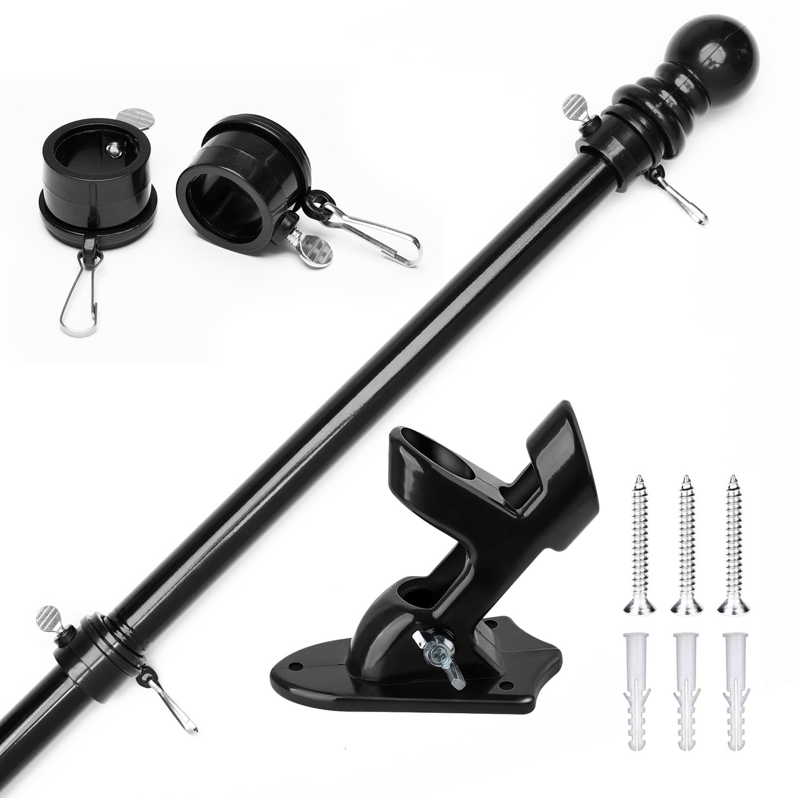 Baccessor6 FT Flag Pole Kit, Black Tangle Free Spinning Flagpole with Carabiners and Mounting Bracket for Outdoor Residential or Mobile RV Camping Outside House, Porch, Yard, Truck, Boat