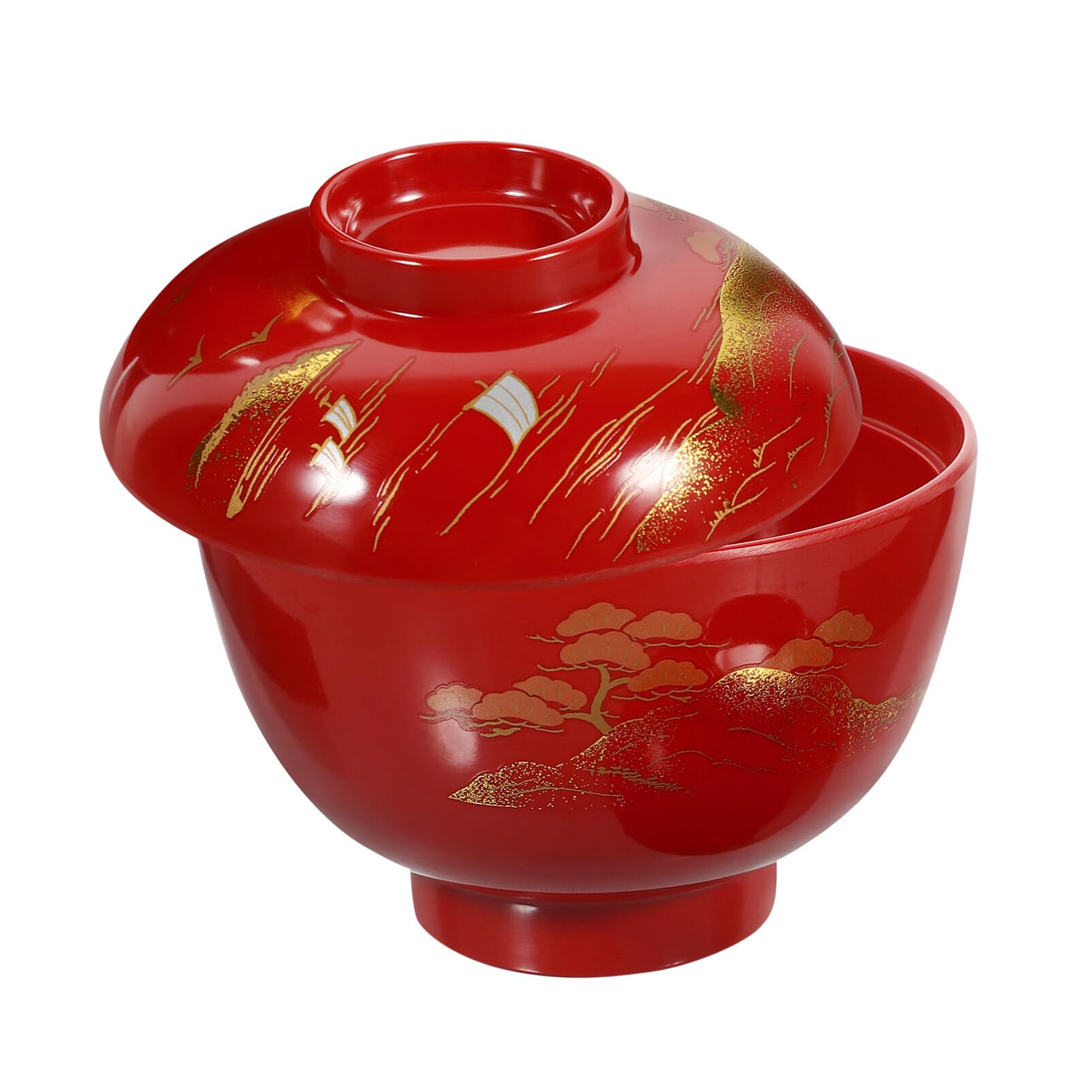 Kichvoe Miso Soup Bowl with Lid, Japanese Melamine Rice Bowl Traditional Ramen Soup Bowl Plastic Lacquer Bowl Kitchen Serving Bowls Appetizer Bowl for Home Kitchen Red