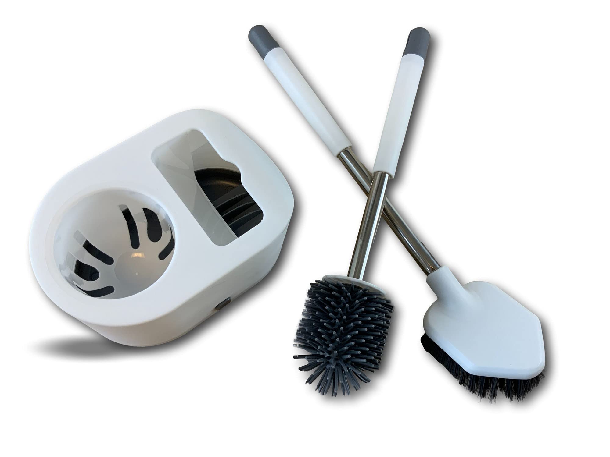 Doppia scopa WC con serbatoio | supporto con centrifuga integrata | pulizia a 360° | Setole morbide in silicone | 1 testa piatta 1 testa rotonda | non graffia | Igienica e antibatterica | Kibros WCX2c