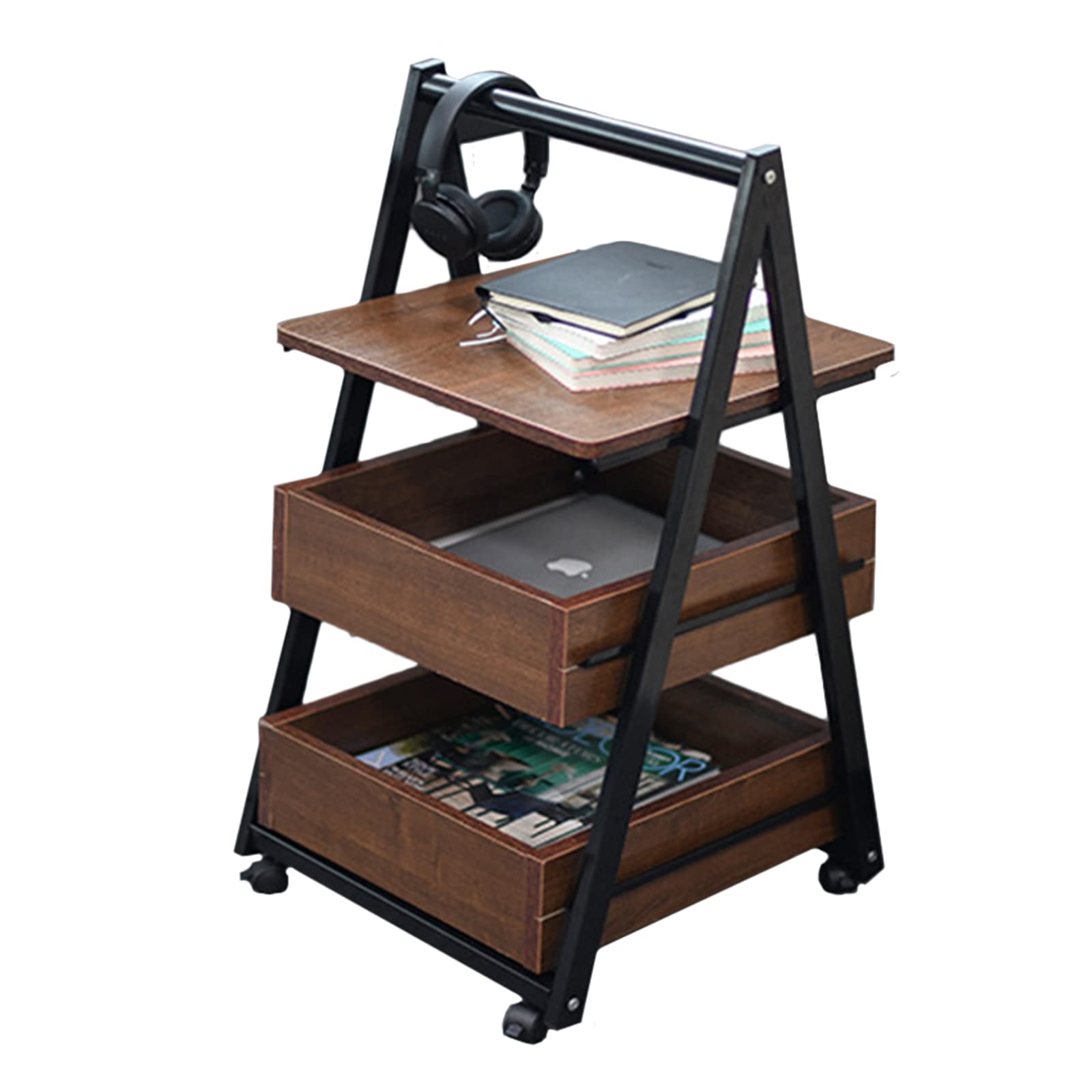 WANLECY 3 Tier Side Table with Pull Out Drawers, A-Design Frame Bedside Table with Rolling Wheels for Bedroom, Office, Study Room