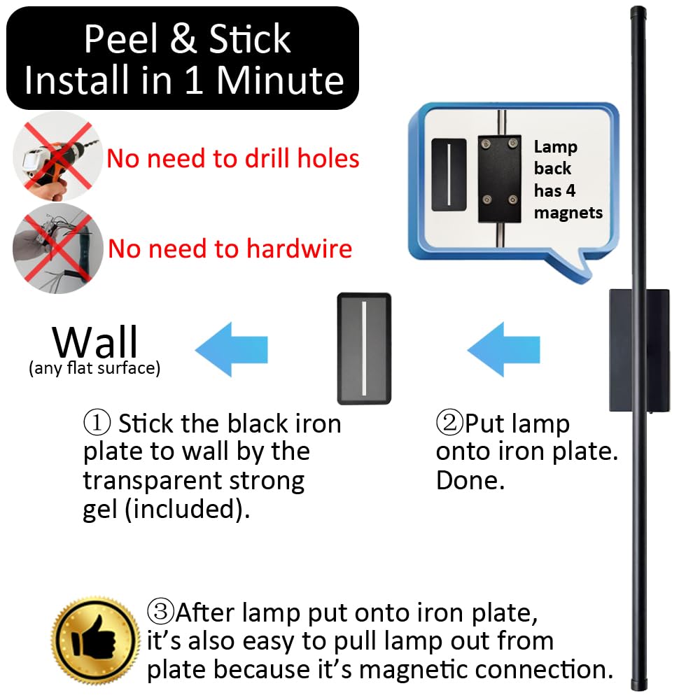 Easy Install Peel and Stick on Battery Operated Wall Sconces Set of 2 Rechargeable, Magnetic Linear Wall Sconce Wireless Long Picture Vanity Wall Light for Living Room Bedroom (2 Pack, 28.3'', Black)