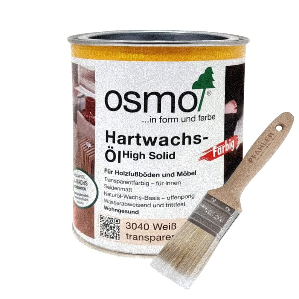 Osmo Hartwachs-Öl Weiß 3040 transparent High Solid Transparentfarbig 0,75l - für innen Seidenmatt + Flächenstreicher Pinsel von Pfahler Gratis