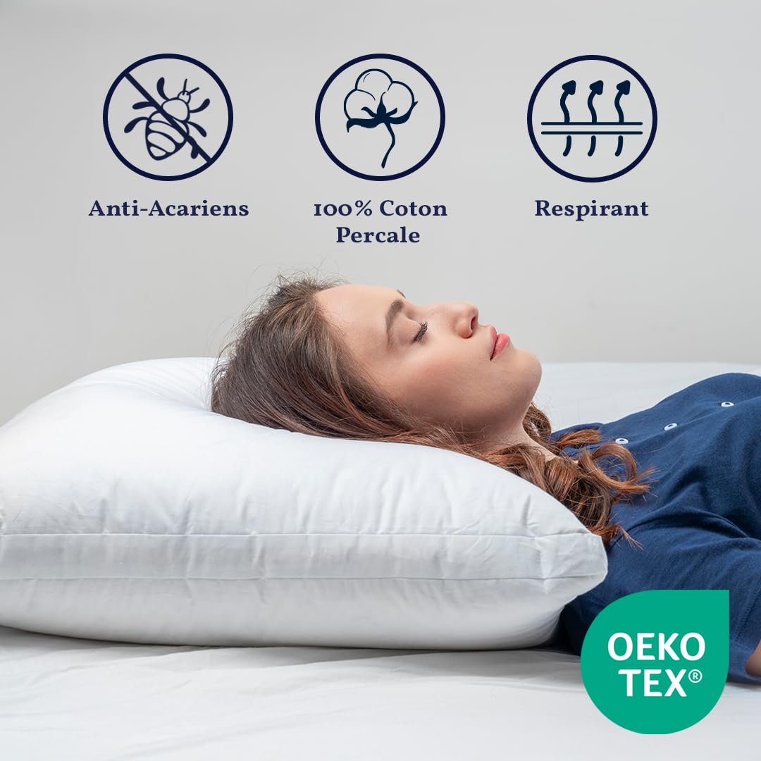Almohada Doble Confort – Almohada de 3 Cámaras con Plumón y Plumas – Funda De Algodón Antiacaros – Soporte Medio-Firme (50x60 cm)
