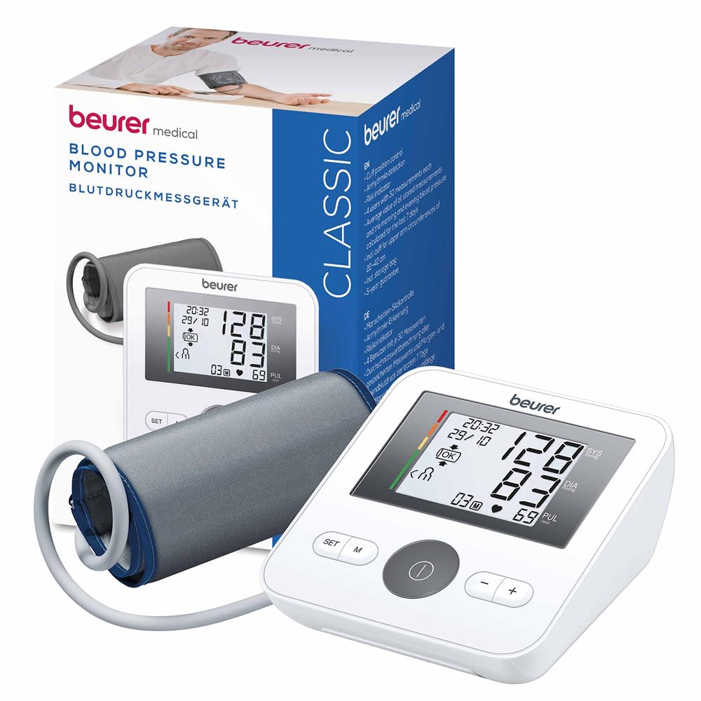 Beurer BM 27 Tensiómetro de brazo con control de ajuste del manguito, clínicamente validado, manguito 22-42 cm, indicador de riesgo, detección de arritmias, transferencia de datos a Apple Health
