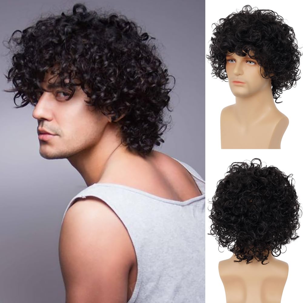 Dsimeig Mens Curly Wig Black Short Curly Rocker Party Wig Halloween Costume Cosplay Hair Wig