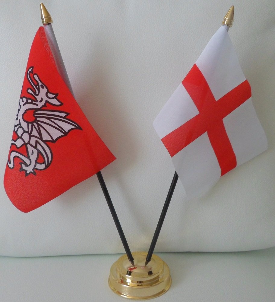 England English Pendragon Anglo Saxon St George Cross 2 Flag Friendship Table Display Centrepiece With Gold Base