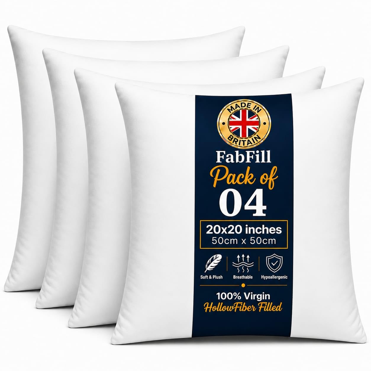 FabFill Cushion Inserts, Luxury Hollow Fibre Cushion Pads with Polycotton Cover, Soft Fluffy Square Pillow Fillings for Sofa, Bedroom & Home Decoration, Made in UK (50x50cm(20x20), Set of 4)