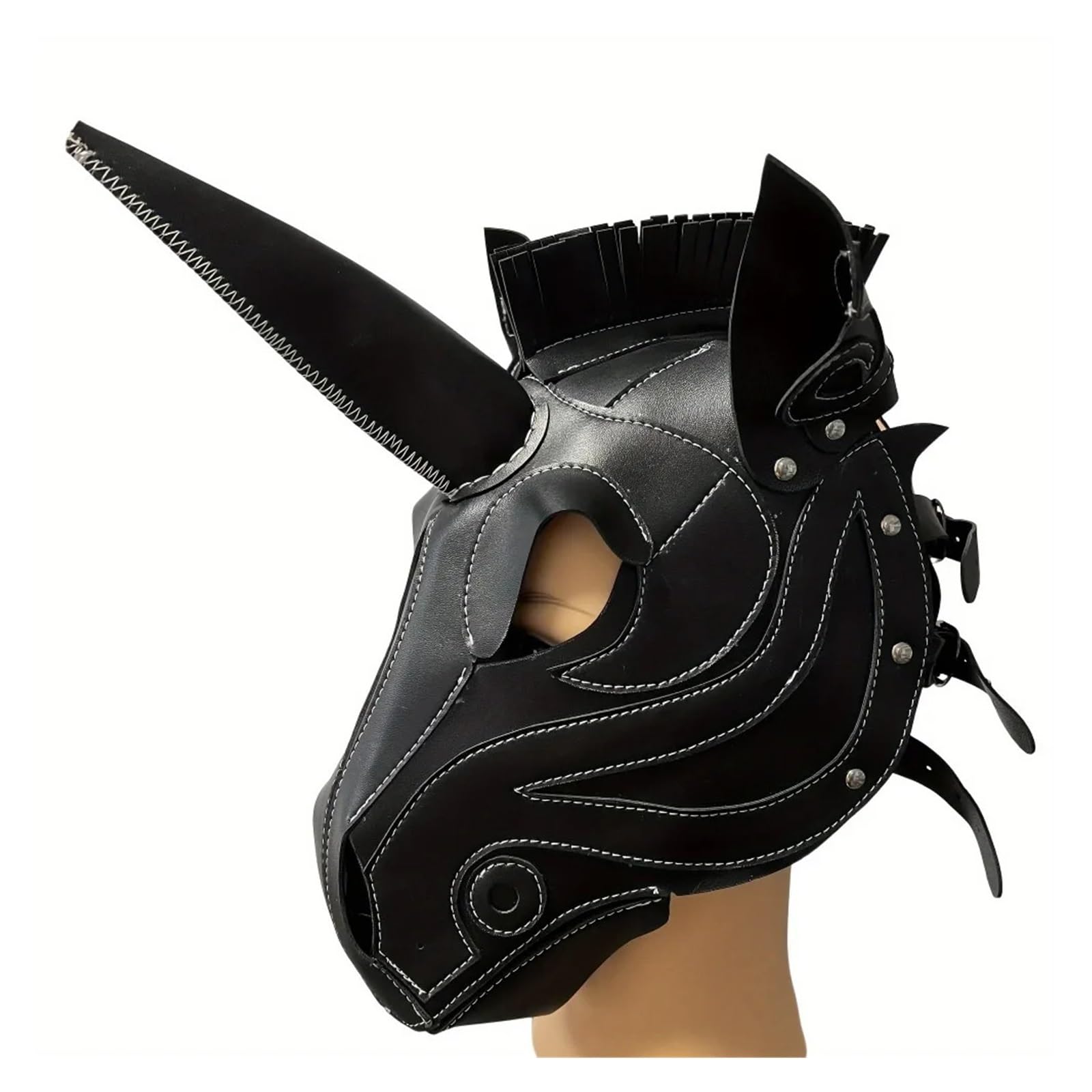 1 szt. Maska jednorożca kaptur pełnotwarzowy Cosplay Steampunk kostium na Halloween Prop regulowana głowa konia kaptur zwierzęcy ręcznie robiony(Black)