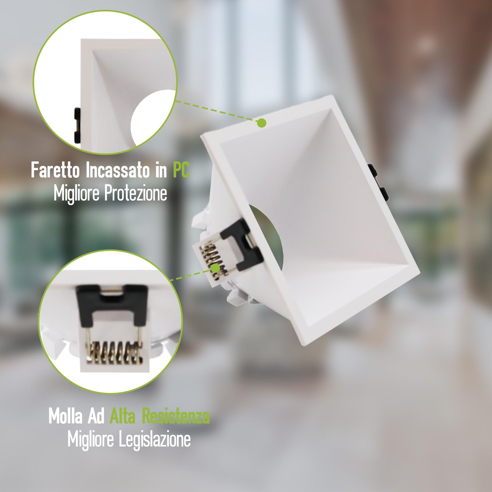 10 Pezzi Cornice Faretti LED Incasso GU10 Portafaretto Incasso Foro 83 x 83mm per LED e Alogeno Portalampade GU10 Quadrato Bianco PC Dimensioni: 93mm x 93mm x 55mm