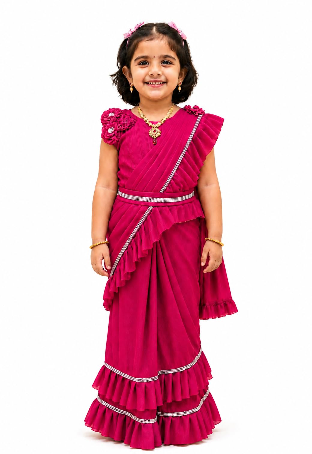 Girls Ready to wear Rani pink saree (5-6 YEARS) | Ruffle Design, Ready to Wear-image-31