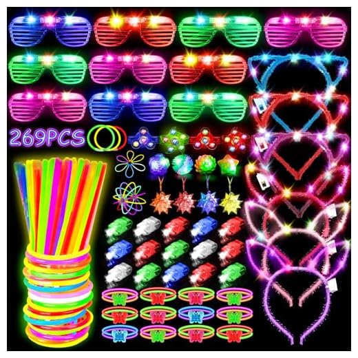MIBOTE 67 PCs LED Light Up Toys Party Favors Glow in the Dark Party Supplies for Kid/Adults with 40 Finger Lights, 10 Jelly Rings, 5 Flashing Glasses, 4 Bracelets, 4 Fiber Optic Hair Lights and 4 Crystal Necklaces