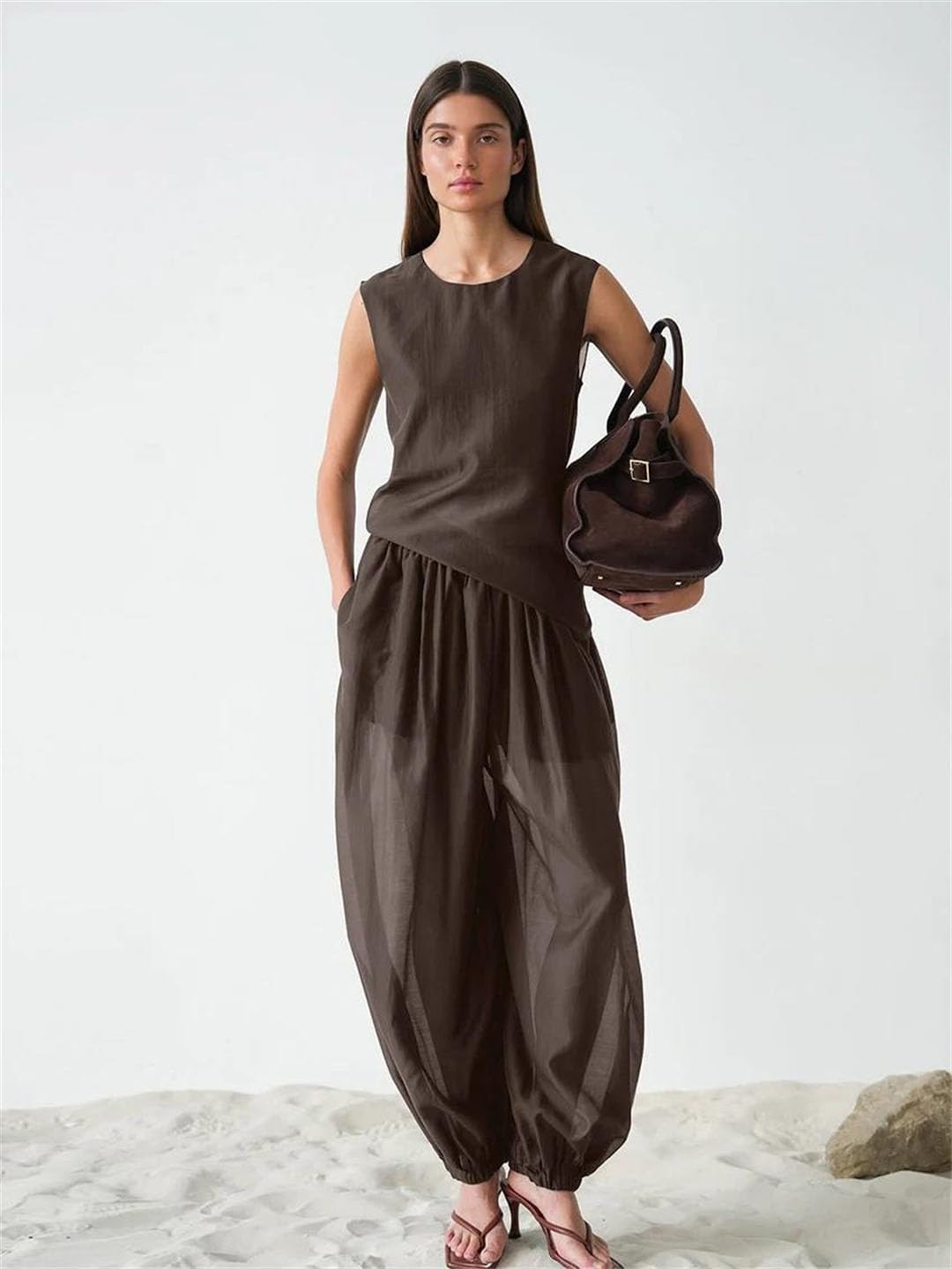 Women Summer Brown Sleeveless Tank Top High Waist Wide Pants Set