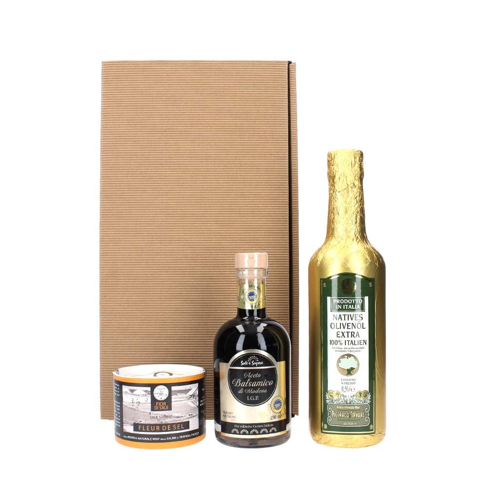 Schlemmerbox, Geschenkbox, Geschenkset, Olivenöl aus Ligurien in Goldfolie 0,5 L, Fleur de Sel Meersalz aus Trapani 150g, Sole e Sapore Aceto Balsamico di Modena I.G.P. DORO Gold 250ml