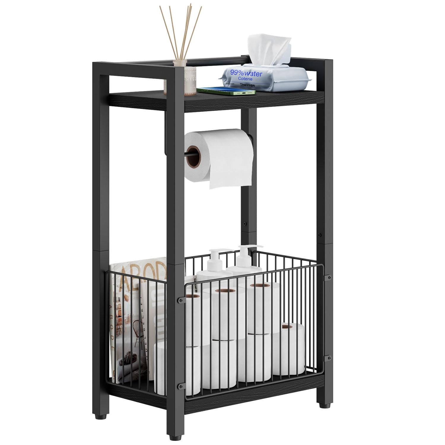 IBUYKE Freestanding Toilet Paper Holder Stand with Storage Shelf,Bathroom Toilet Tissue Roll Dispenser with Extra Space for Rolls, Magazines, Wet Wipes Black TLJ020B