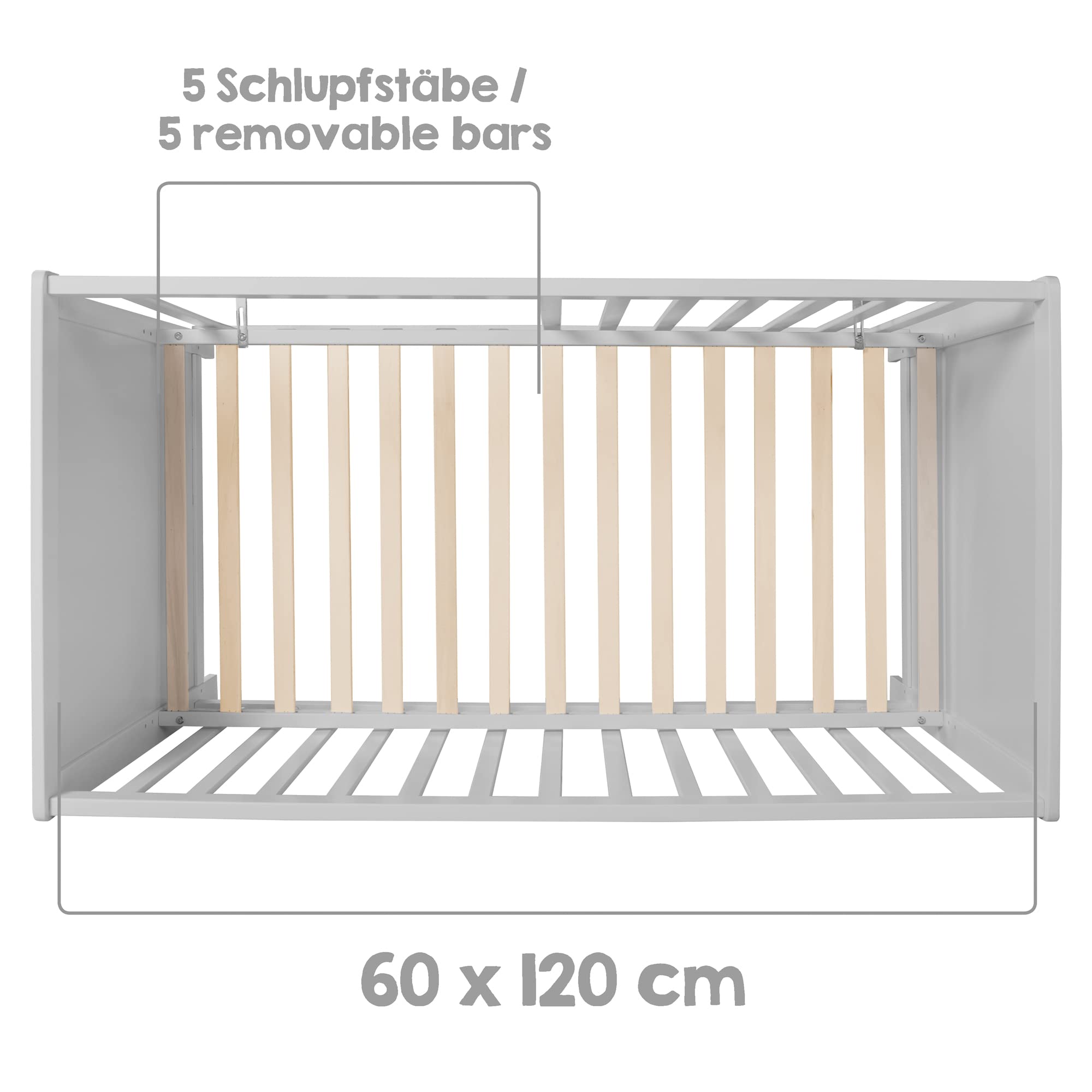 roba 2 in 1 Babybett 60 x 120 cm Gitterbett Beistellbett 6-fach Höhenverstellbar Holz grau taupe