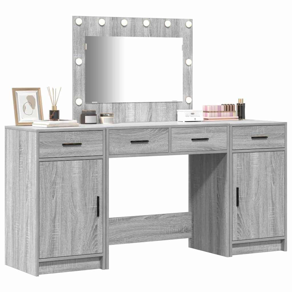 vidaXL Moderner Frisiertisch mit Spiegel und integrierter Beleuchtung, viel Stauraum und Schubladen, ideal für Schlafzimmer, Grau Sonoma Finish, stylisches Makeup-Vanitieset, Möbel mit LED Licht