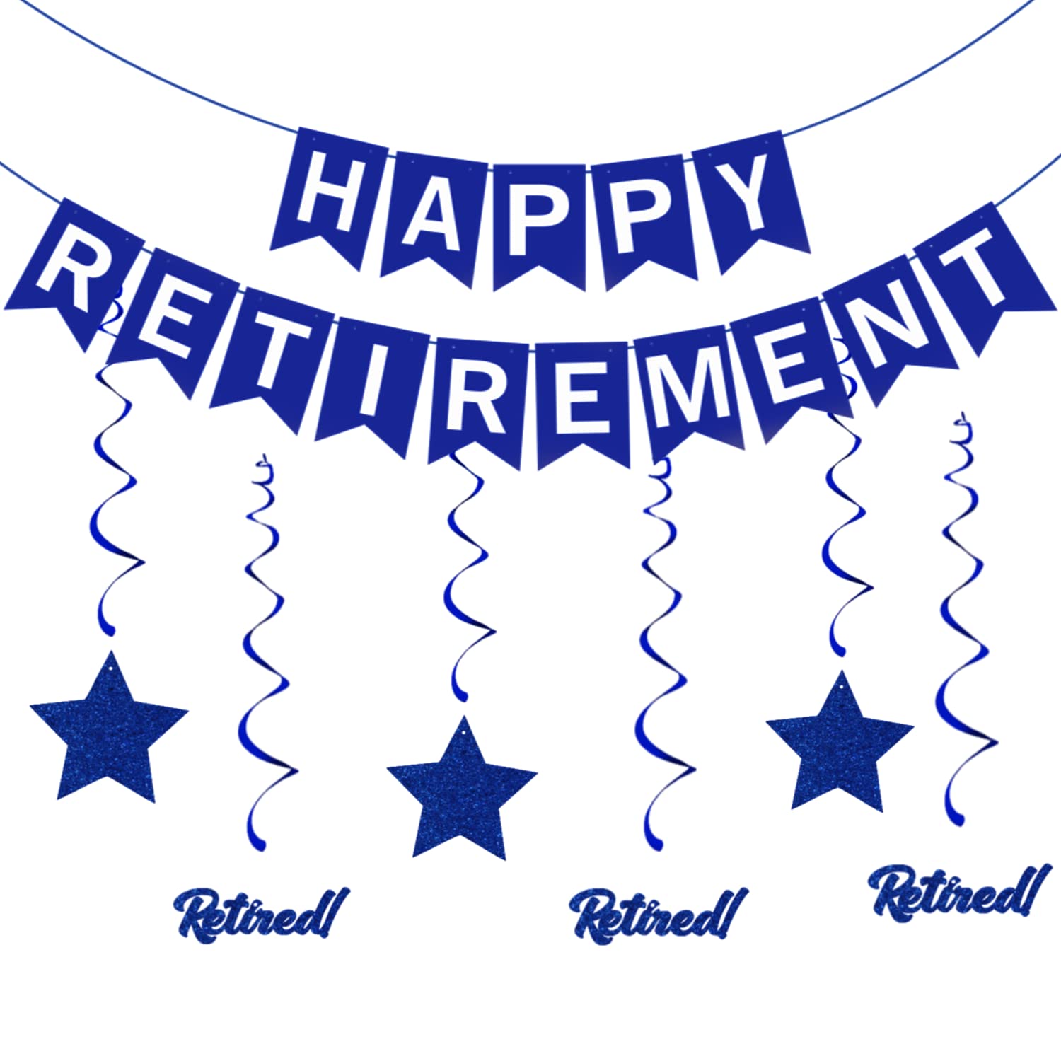 Buy Happy Retirement Blue Banner with 6 Pieces Hanging Swirl Retirement