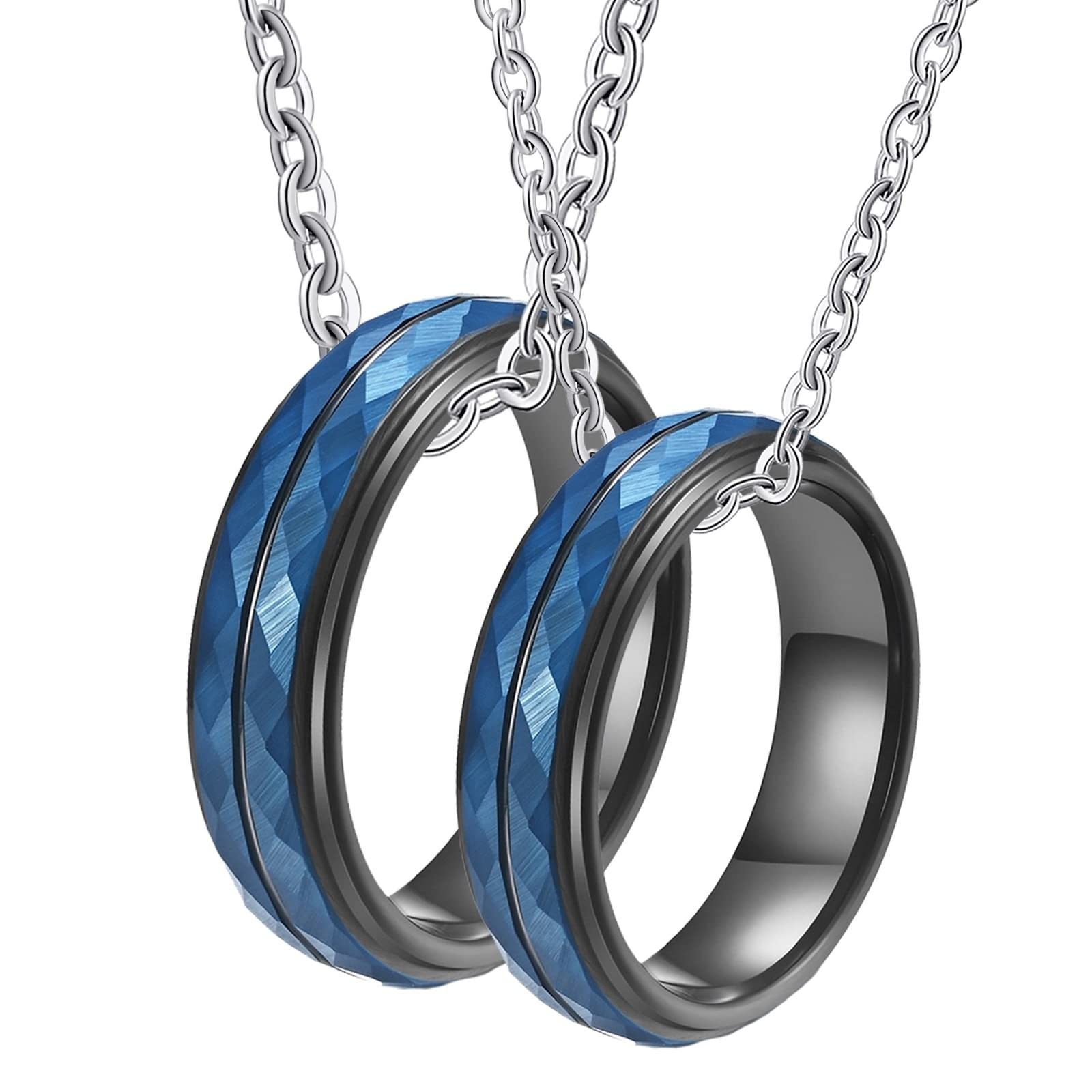 Collane abbinate carine, collane con anelli per coppie per lui e per lei, collana in tungsteno, anello multisfaccettato, nero e blu, 5 mm, regalo di compleanno per donne, W-T 1/2+Men X 1/2, tungsteno,