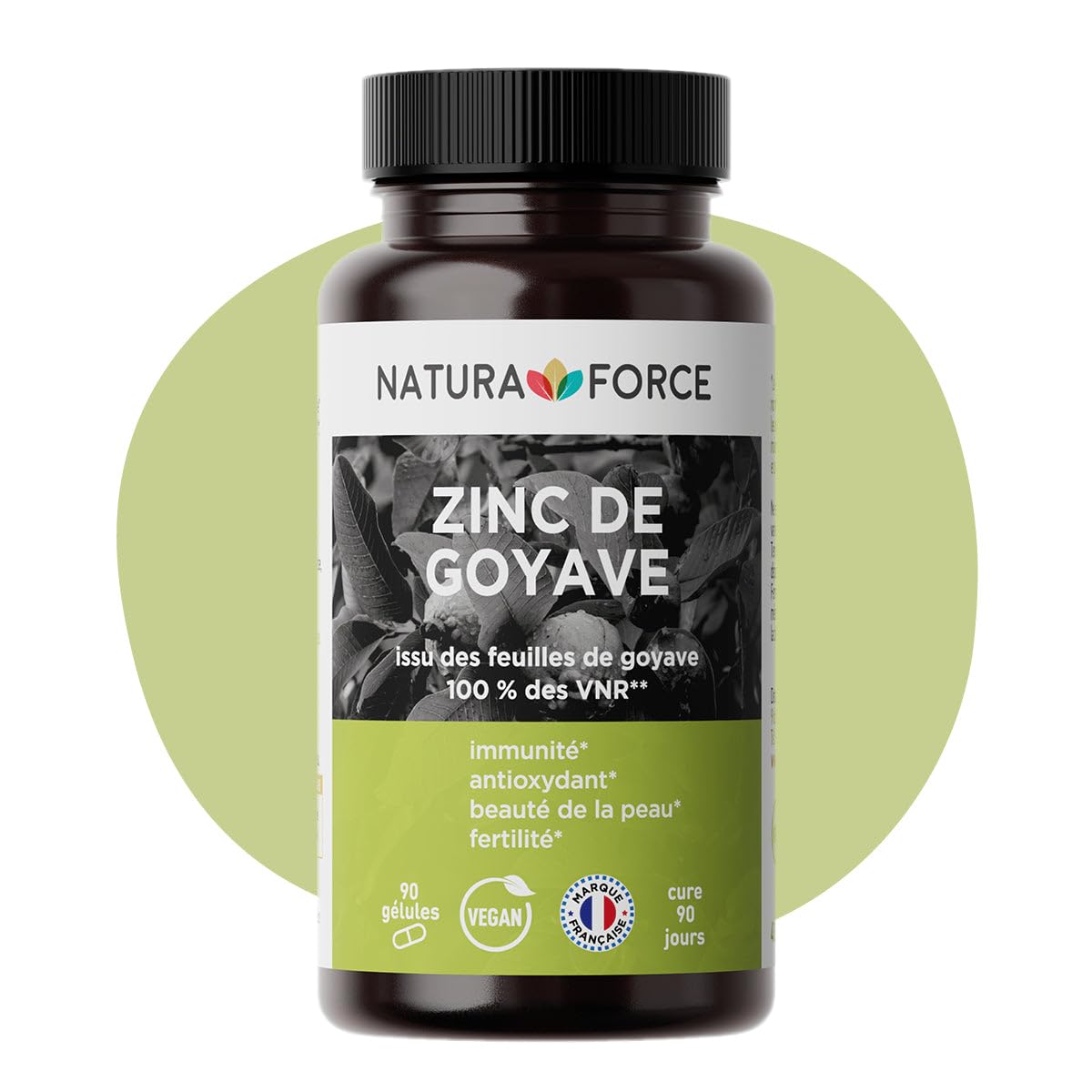 Zinc de Goyave - Naturel et à Haute Assimilation - Stress Oxydatif, Système Immunitaire - Issu des Feuilles de Goyave, Couvre 100% des VNR - Boite de 90 Gélules