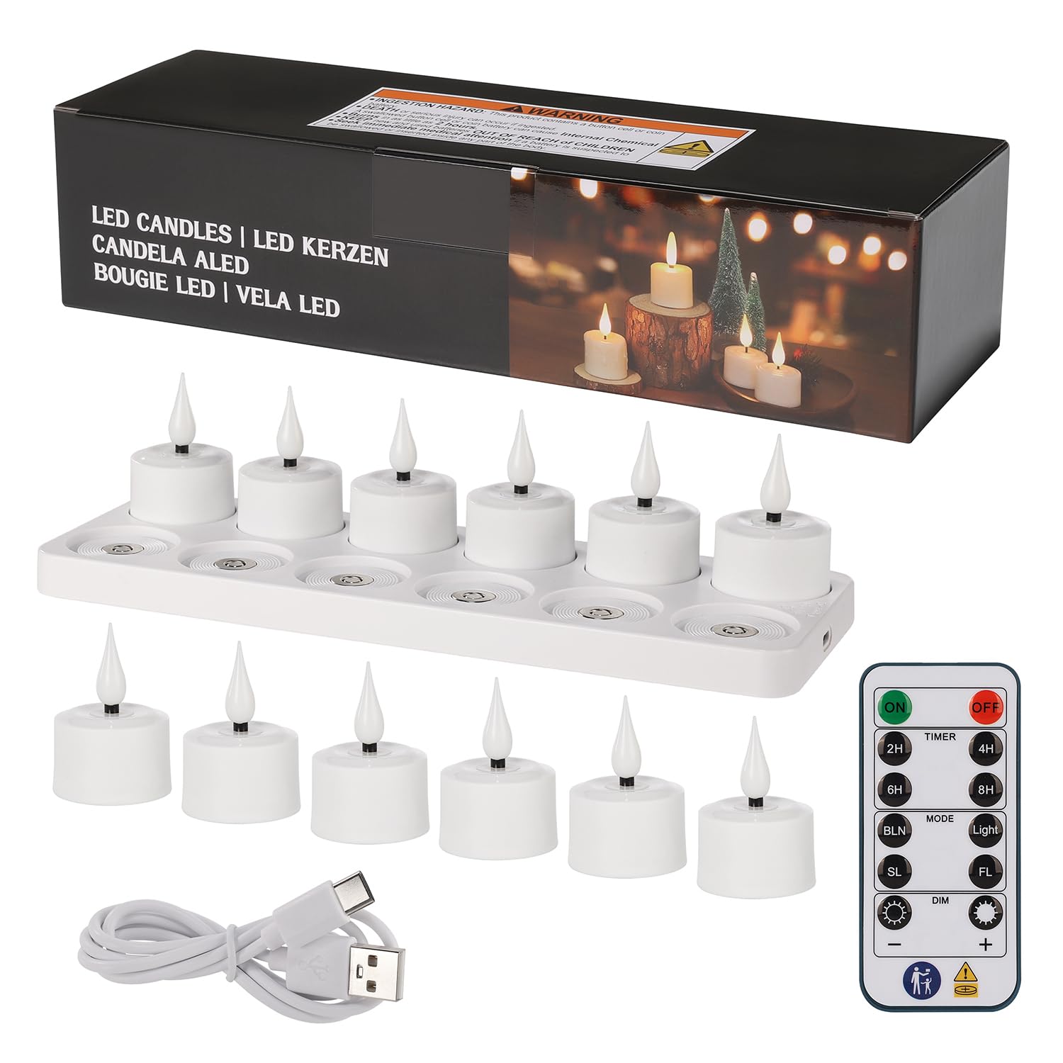 12 lumini ricaricabili, con stazione di ricarica e telecomando, timer, dimmerabili, luce bianca calda, senza fiamma, decorazione portacandele