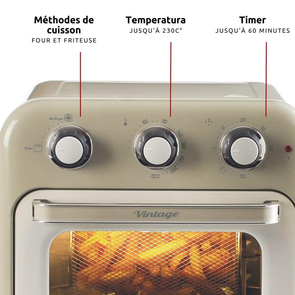 Ariete Vintage, 4632 Friteuse et Four 2en1, Capacité 16 L, Paniers et Rôtisserie en acier inoxydable, Température jusqu'à 230°, Minuterie 60 minutes, Double Verre, 1400W, Beige