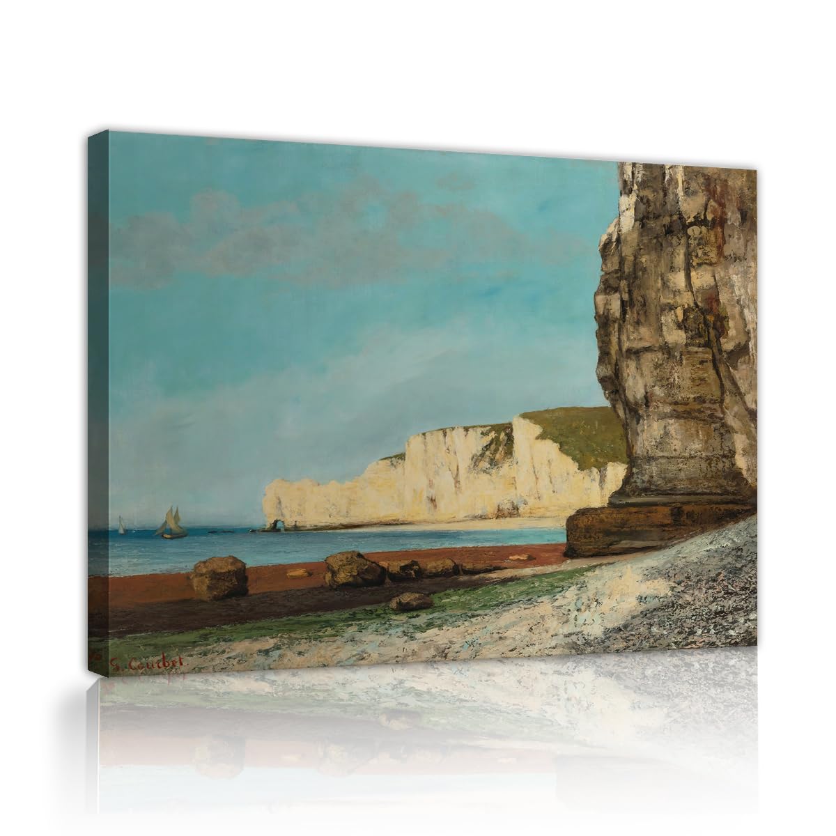 TOANGWALL Gustave Courbet The Cliffs at Etretat Canvas Wall Art Entryway Coastal Ocean Rock Painting Framed Poster for Staircase House Decor 85x100cm