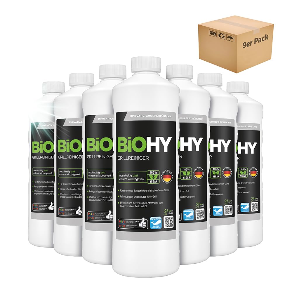 BiOHY Limpiador de parrillas (9 botellas de 1 litro) | limpiador para barbacoa de carbón vegetal, gas y eléctrica | espuma activa contra la grasa quemada y el aceite (Grillreiniger)