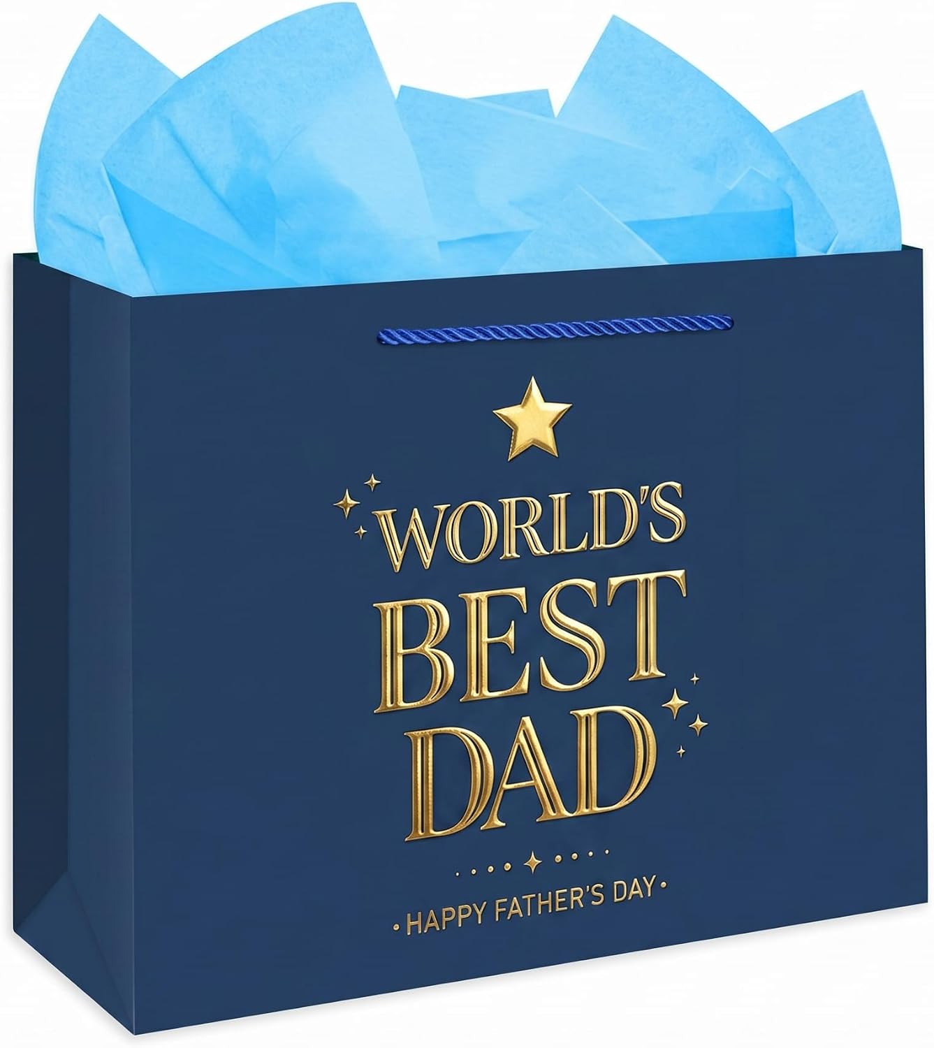 WhatSign World's Best Dad Gift Bag with Tissue Paper, Navy Blue & Gold Elegant Fathers Day Gift Wrap, Star Pattern Masculine Present Bag for Men, Birthday, Anniversary, Large Size