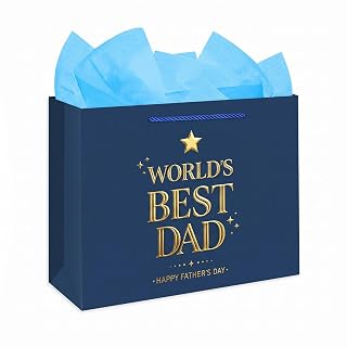 WhatSign World's Best Dad Gift Bag with Tissue Paper, Navy Blue & Gold Elegant Fathers Day Gift Wrap, Star Pattern Masculine Present Bag for Men, Birthday, Anniversary, Large Size - Amazon product rated Grade A
