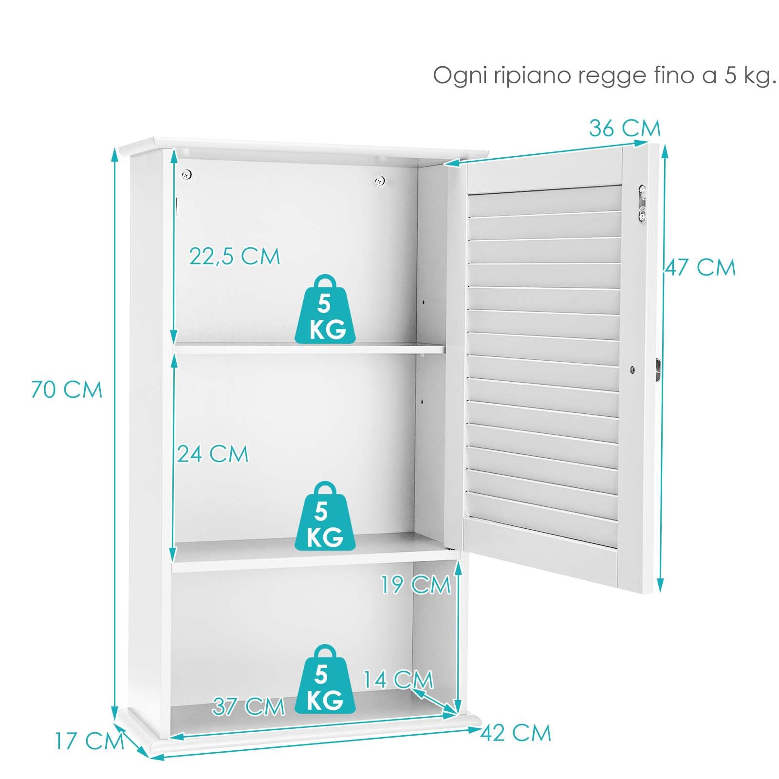 LIFEZEAL Pensile Bagno, in Legno, Mobiletto Bagno Salvaspazio, 42x17x70 cm, Pensile con Ante a Persiana e Mensola Aperta, Armadietto Sospeso con Ripiano Regolabile, Mobile da Muro per Cucina (bianco)