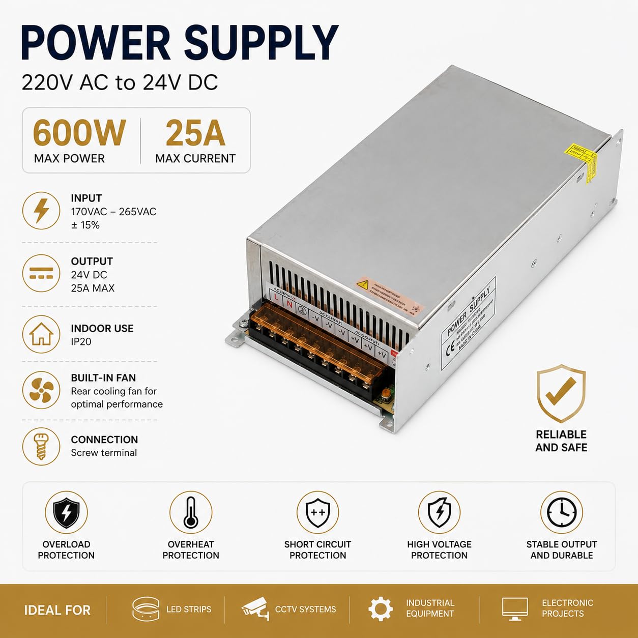 Jandei - Netzteil Transformator 110/220V AC auf 24V DC, Installationen für Pixel LED, Streifen oder Niederspannungsgeräte (24V-25A-600W-IP20)