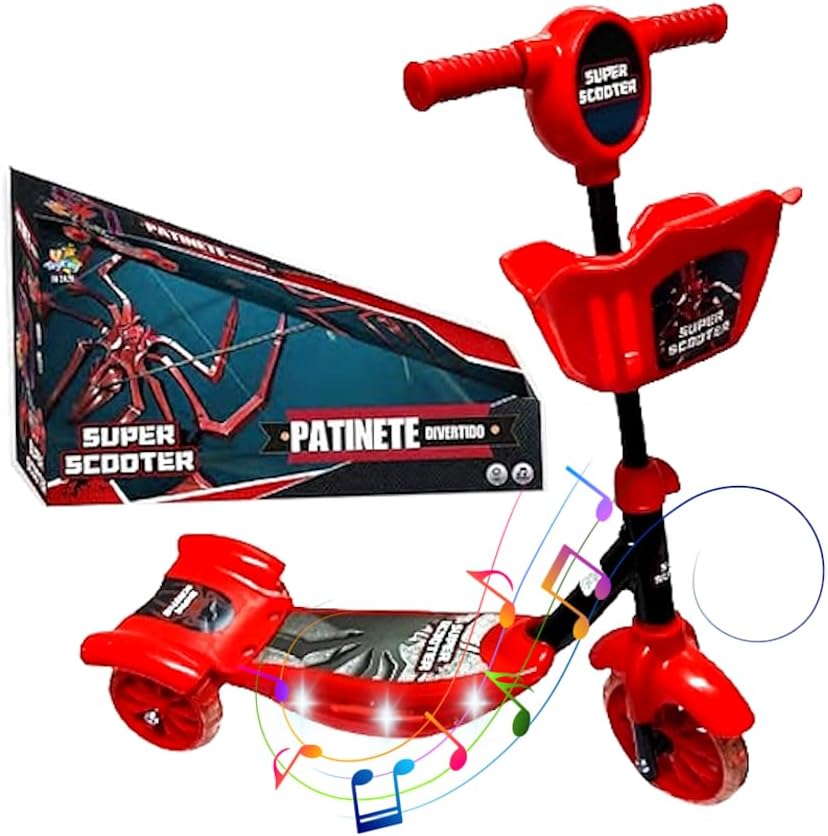 Patinete Super Scooter Aranha 3 Rodinhas com Luzes e Som