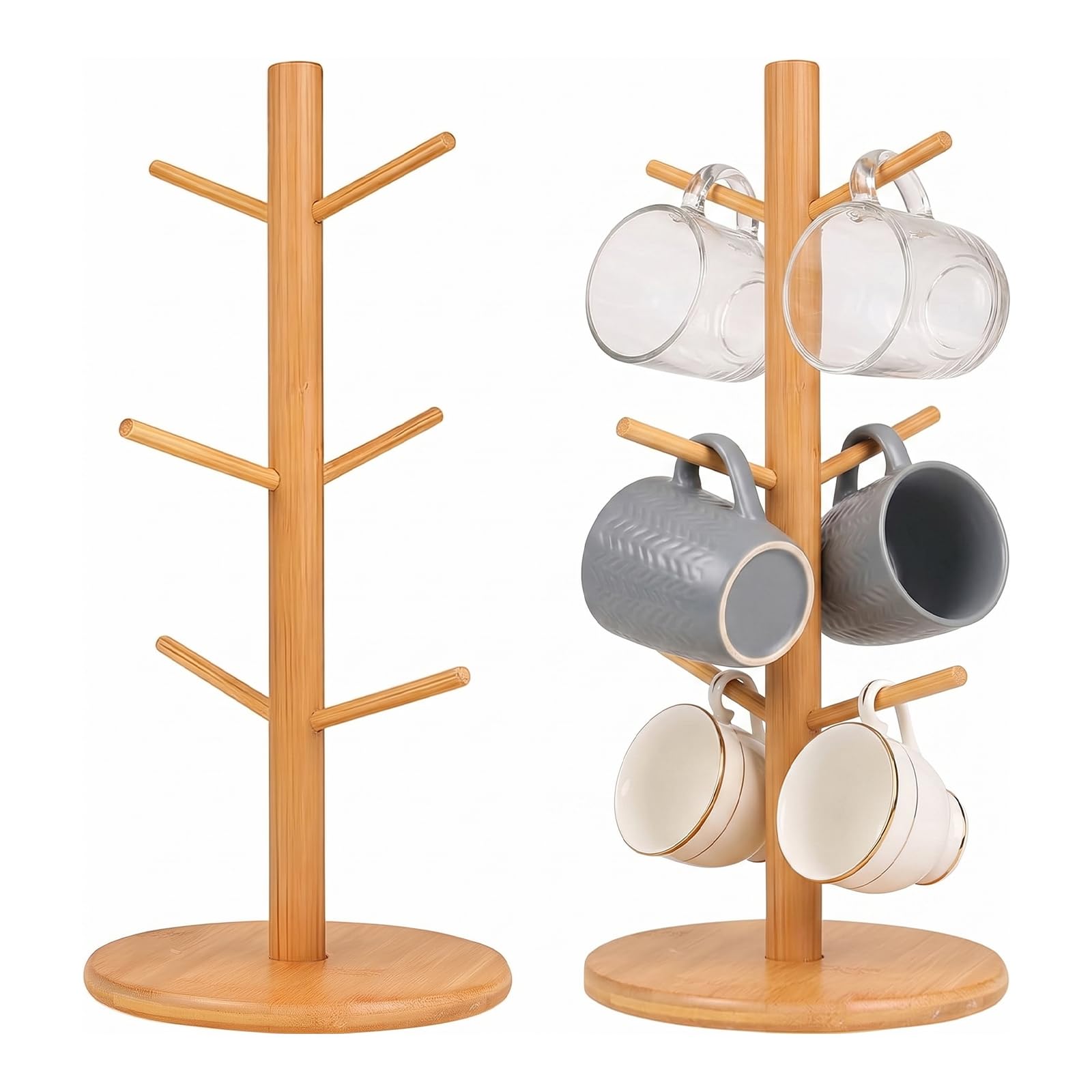 UESDU 2 pcs Mug Tree 6 Mugs, Mug Stand Removable Wooden Cup Tree Coffee Cup Holder for Coffee Bar Home Office