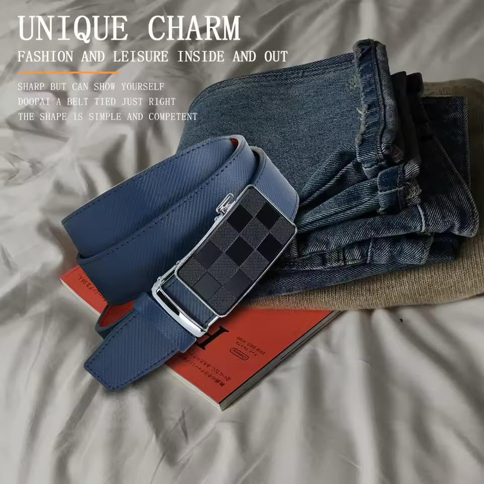 Men's Leather Ratchet Belt with Checkered Automatic Buckle, Navy Blue and Red Reversible, Business Casual3