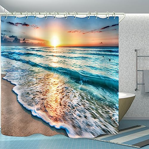 Image of LYFANS Beach Sunset 3D Waterproof Fabric Shower Curtains for Bathroom | luxurious Bathtub Standard Shower Curtain, And Bright , (59x72 inches)