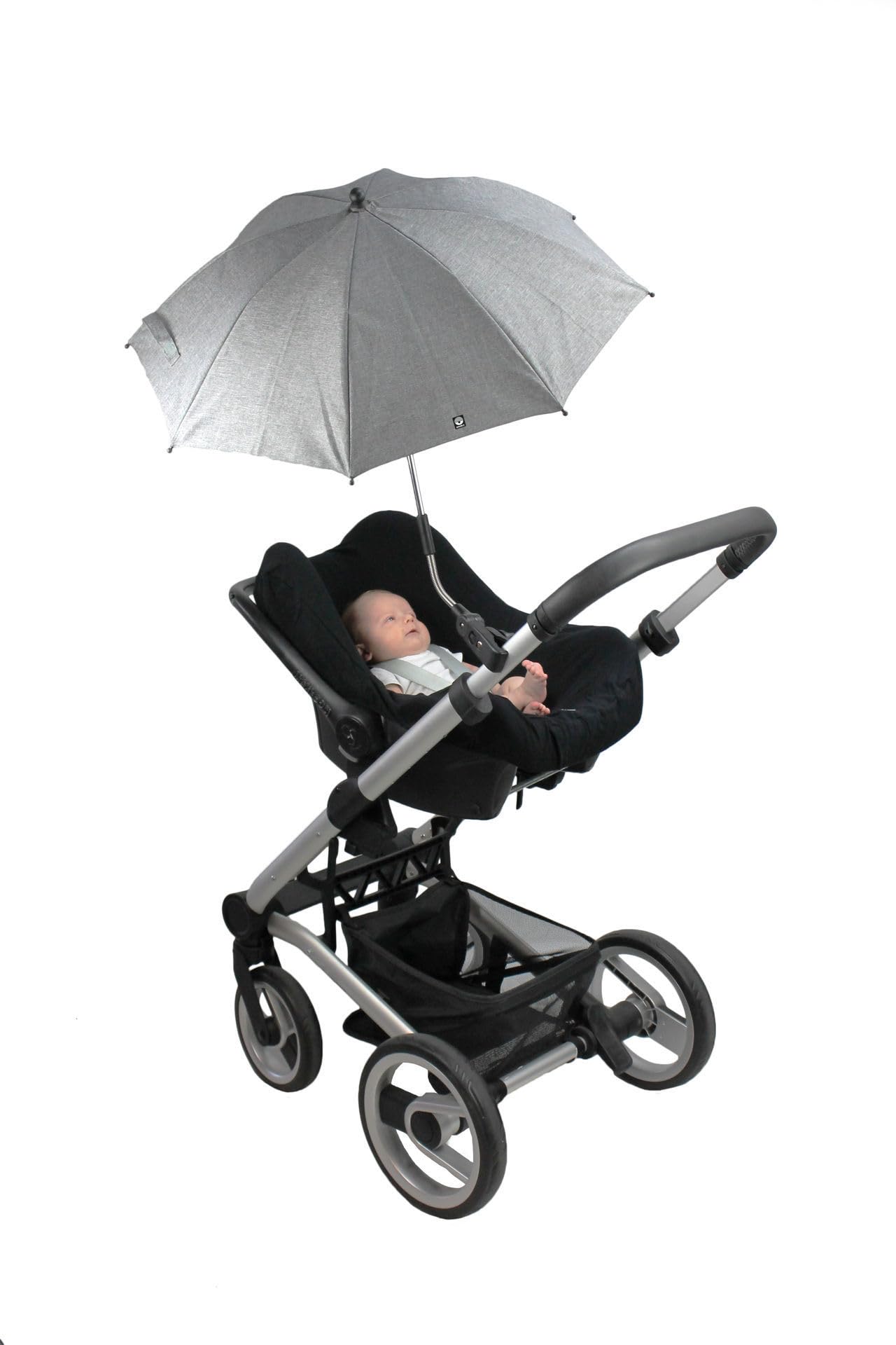 Ombrellone Dooky per carrozzina o passeggino (universale e flessibile, protezione UPF 50+, flessibilità di 180 gradi, tecnologia flex, sistema easyfix, idrorepellente), Grigio