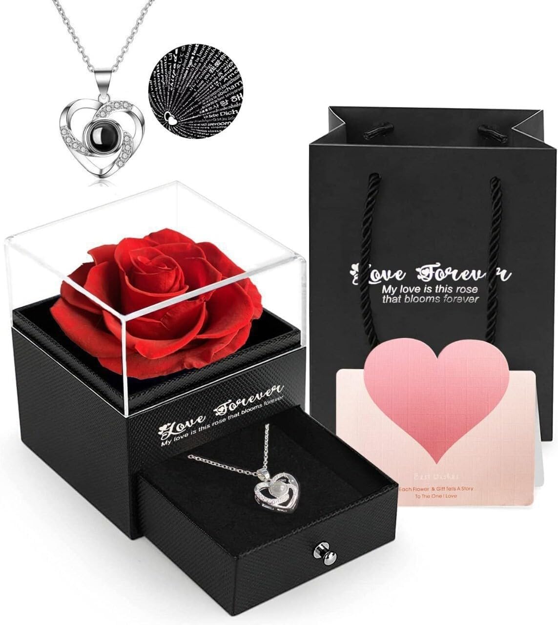Eternal Red Rose Gift Box with Heart Pendant Necklace, Preserved Real Rose in Acrylic Display Box, I Love You 100 Languages Projection Necklace, Romantic Gift-image-13