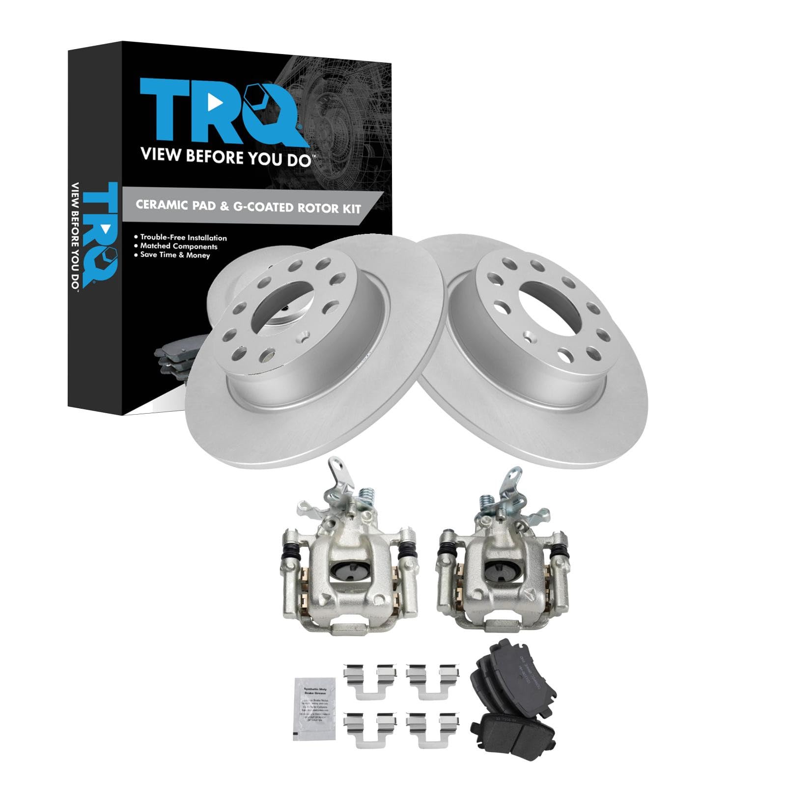 TRQ Rear Brake Pad and Rotor Set Ceramic Coated Rotors Calipers Compatible with 2010 Audi A3 A3 Quattro Volkswagen Jetta