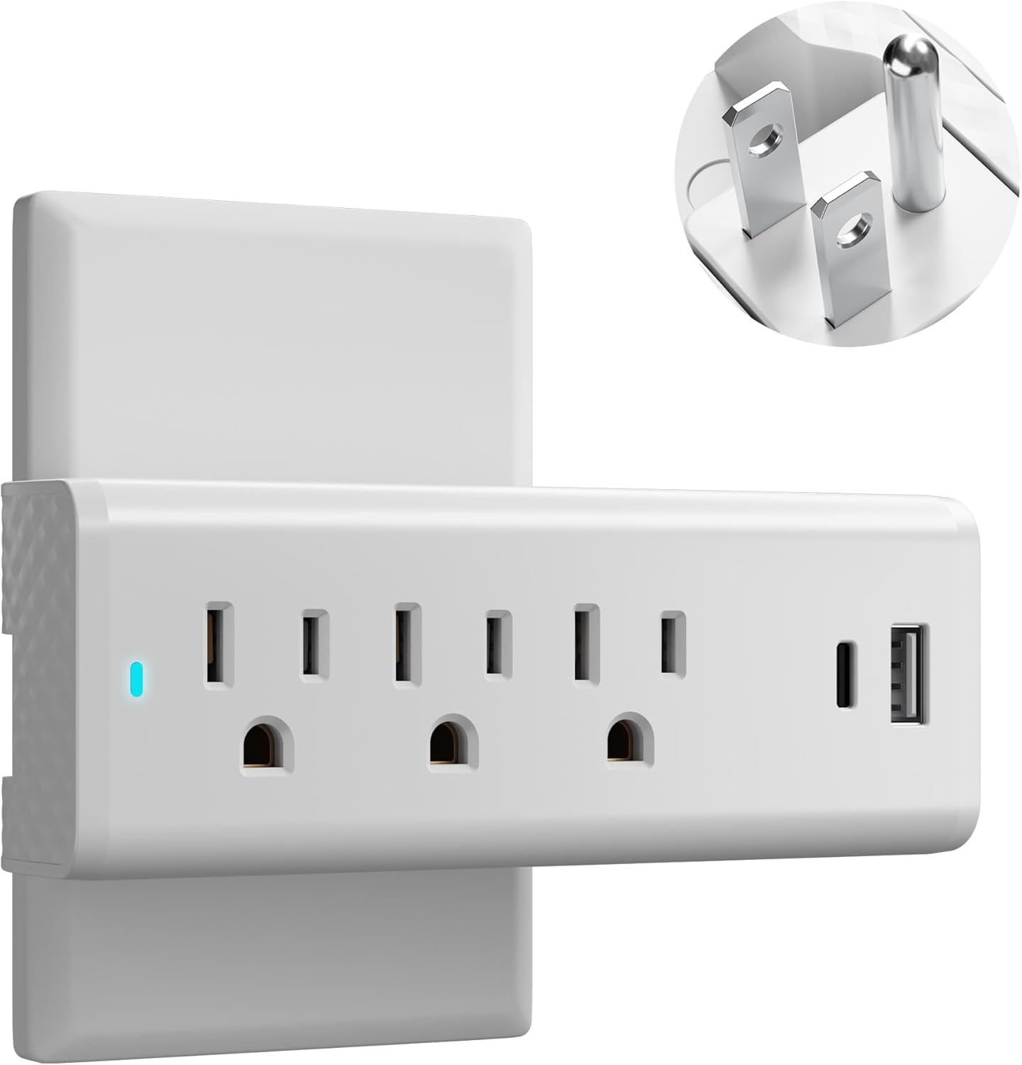 Surge Protector Outlet Extender Wall Tap Adapter, 3 AC Multi-Outlet Power Strip with 2 USB Ports (USB-A & USB-C), 5 in 1 3-Prong Grounded Plug Charging Station for Home, Office, Travel-ETL-White