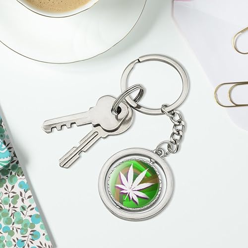 Miniatura 3 de Maceta de hoja de marihuana Weed Psychedelic Spinning Ronda metal chapado en cromo llavero clave Anillo Cadena