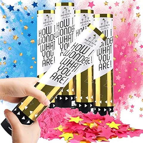 Frasheng Gender Reveal Konfettikanone mit Farbpulver,4 Stück,Confetti Kanone,100% Biologisch Abbaubare,29.5 cm,Konfetti-Taschentuch Luftkanone für Baby Gender Reveal Party Baby Shower Cover