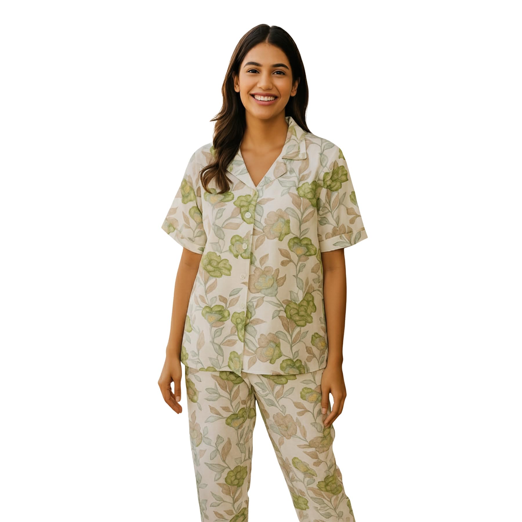 n.h.k.a. Women’s Green Floral Printed Night Suit Set | Cotton Notch Collar Sleepwear | Stylish Two-Piece Loungewear Set | Soft, Stylish, and Breathable Nightwear-picture-53