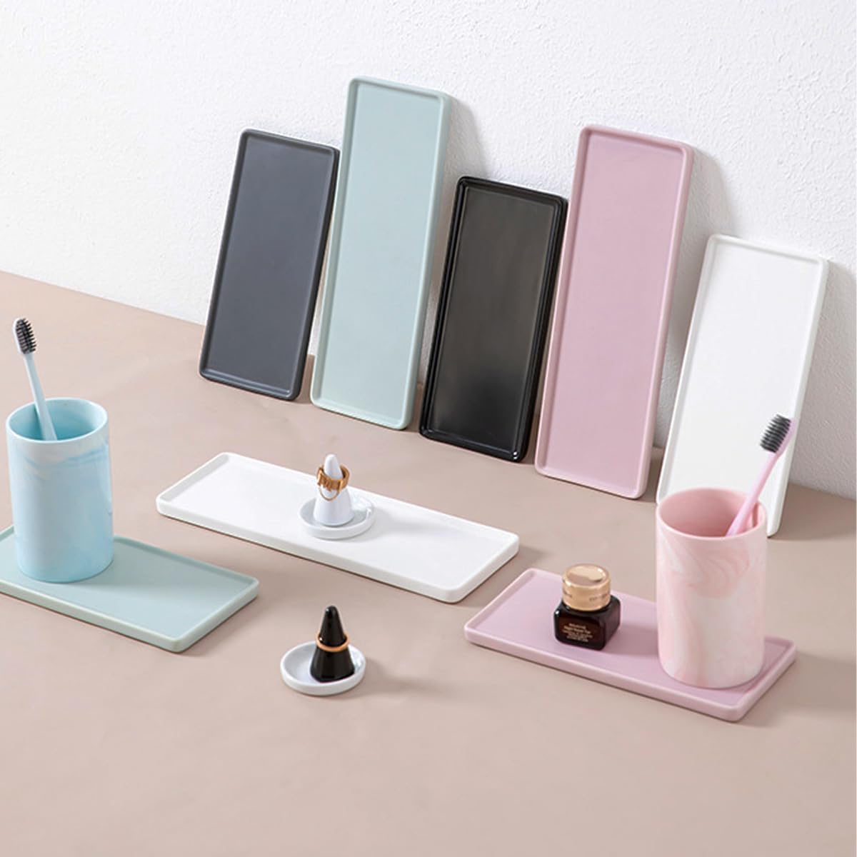 VICASKY Badezimmer Tablett Rosa Keramik - Marmor Muster Organizer Für Kosmetik & Schmuck