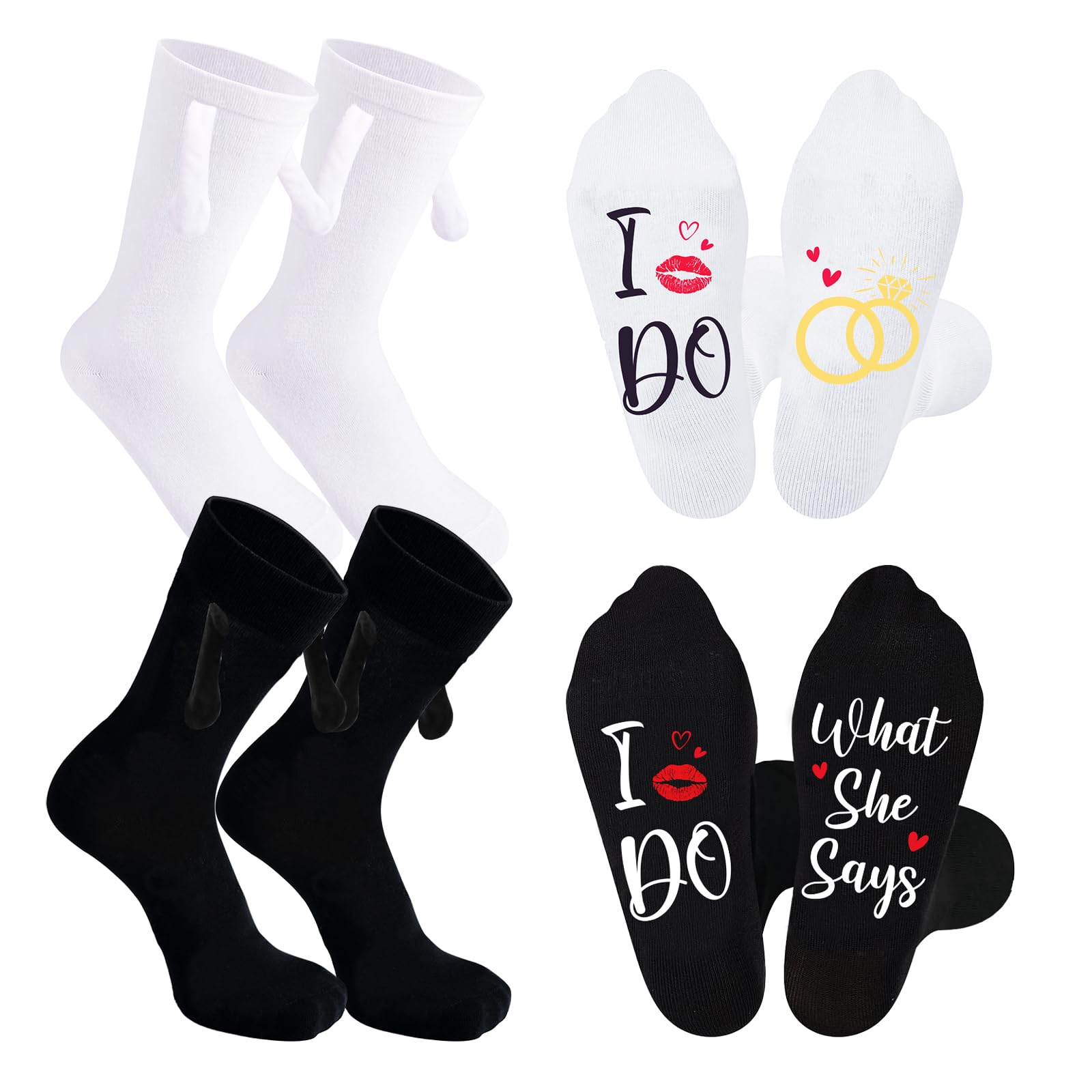 2pairs Wedding Gifts for Couple Bride and Groom I Do and I Do What She Says Socks Novelty Couples Socks Magnetic Holding Hands Sock Matching Wedding Present for Mr Mrs Anniversary Christmas Engagement