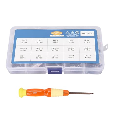 450 Pcs Laptop Screws Kit, 15 Sizes M2 M2.5 M3 with Storage Box | Includes M2, M2.5 and M3 screws in 15 sizes, 30 pcs each; labeled box keeps laptop and electronics repairs organized