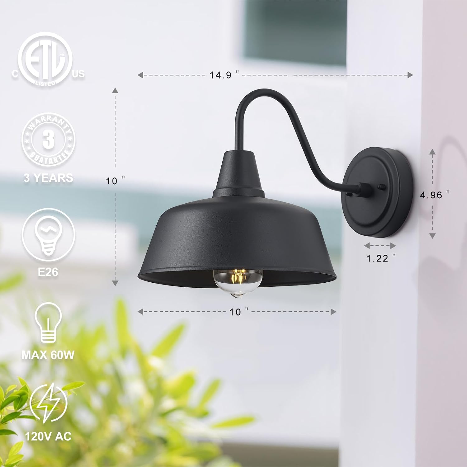 10in Outdoor Barn Wall Lights Black Porch Gooseneck Lighting Fixture Wall Mount Farmhouse Exterior Wall Light Fixture for House, Outdoor Patio Gooseneck Sconce for Garage