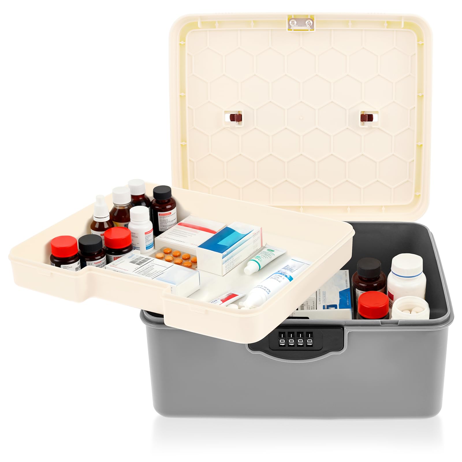 Lockable Storage Box,Medical Organizer Box with Removable Tray & Handle, 2 Layer Portable Safe Container with 4 Digital Combination Lock for First Aid, Fridge Food Snacks, Phone Jail & Documents